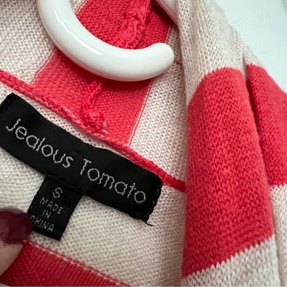 Jealous Tomato Cardigan Sweater Open Front Distressed Striped Coral Cream Sz S - Picture 3 of 5